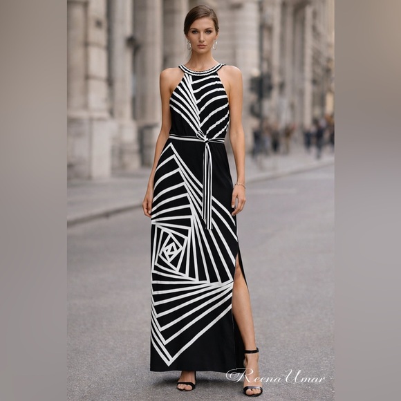 NWT BCBGMaxAzria “Karsen” Black & White Geometric Halter Maxi Dress – Size XXS - Picture 2 of 11